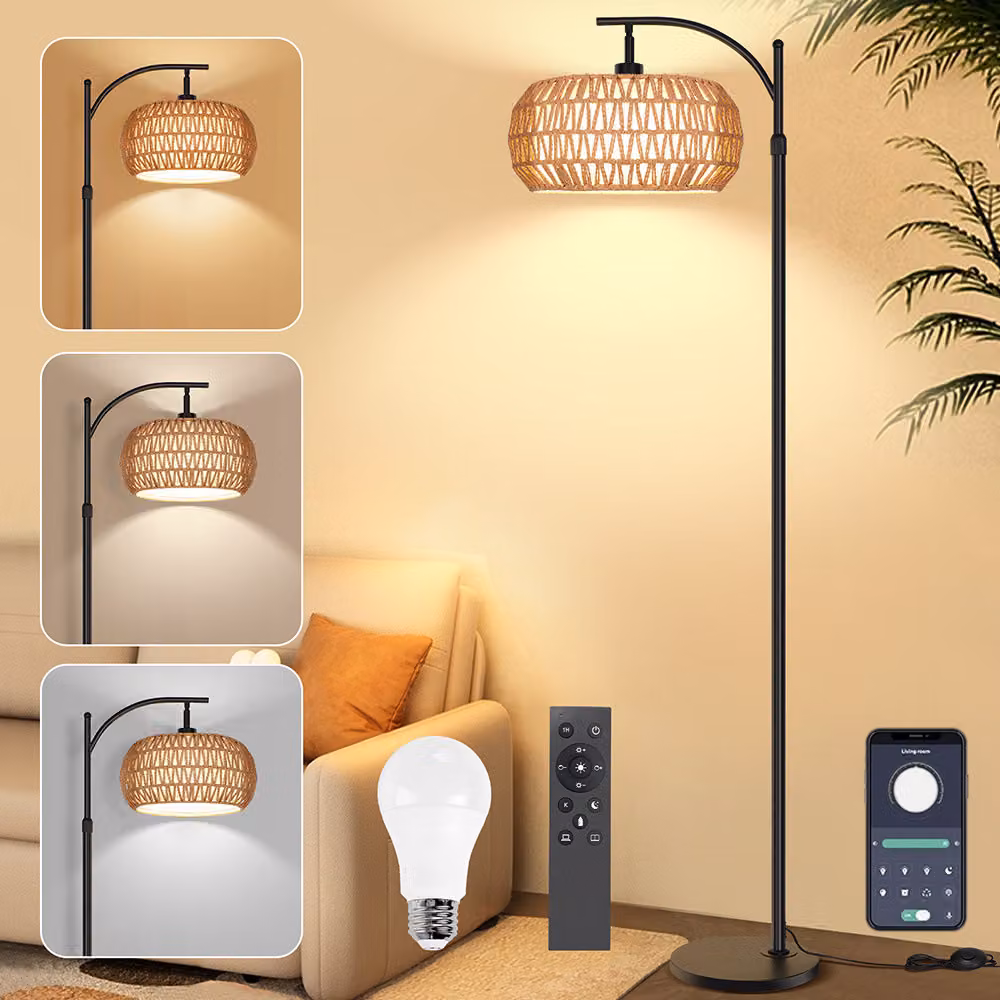 Lampada da terra per soggiorno, lampada da terra in rattan dimmerabile con 3 colori, telecomando e interruttore a pedale, controllo tramite app, lampada ad arco 12W E26, lampada da terra per lettura