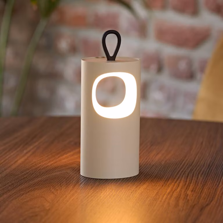Sigor Lampada LED da tavolo a batteria Lunari, beige, 16 cm, metallo, CCT IP44 dimmerabile, Crema / Ambra, Soggiorno / Sala da pranzo, Alluminio, Moderno, Lampada da tavolo LED