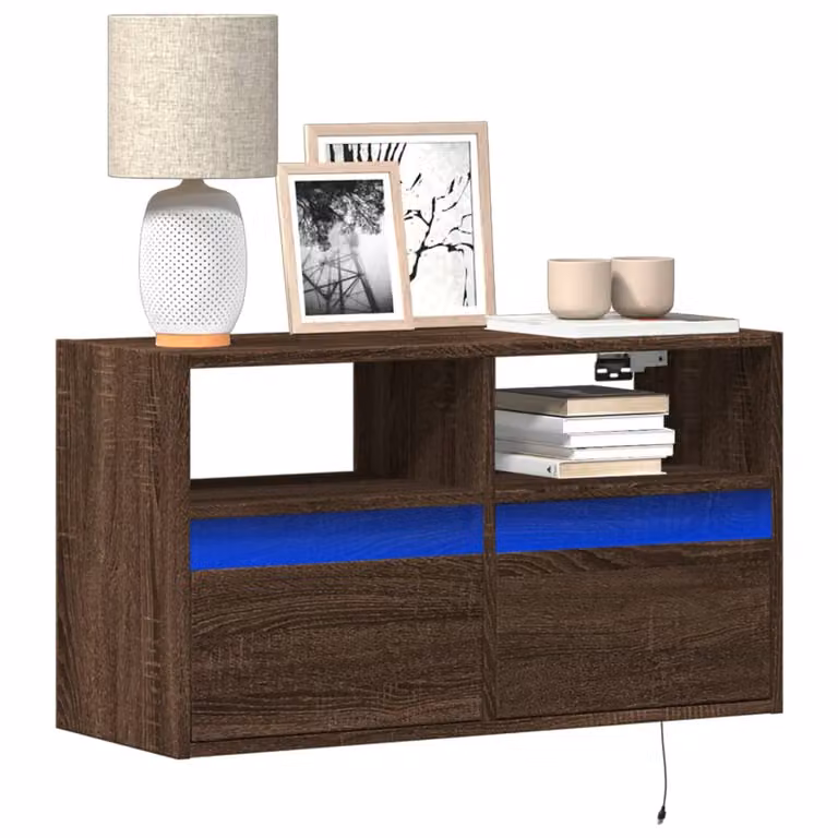 Mobile TV a parete con luci LED vidaXL in rovere marrone L 80 cm, P 31 cm, H 45 cm