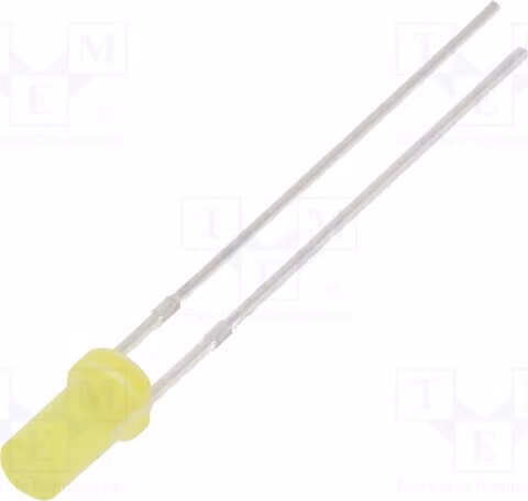 2 LED a 3 mm senza limitatore di corrente, modello OSY5PA3NE4A, di tipo Through-Hole (THT), diametro 3 mm, luminosità 330÷500 mcd, colore giallo, angolo di emissione 140°