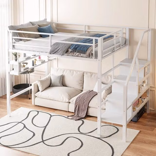 Letto a soppalco ULEVR 140x200 cm con scaffali, scala contenitore e barriera di protezione, bianco