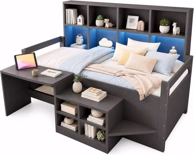 Letto a soppalco 90x200 cm con scrivania; prese USB; LED e contenitori grigio