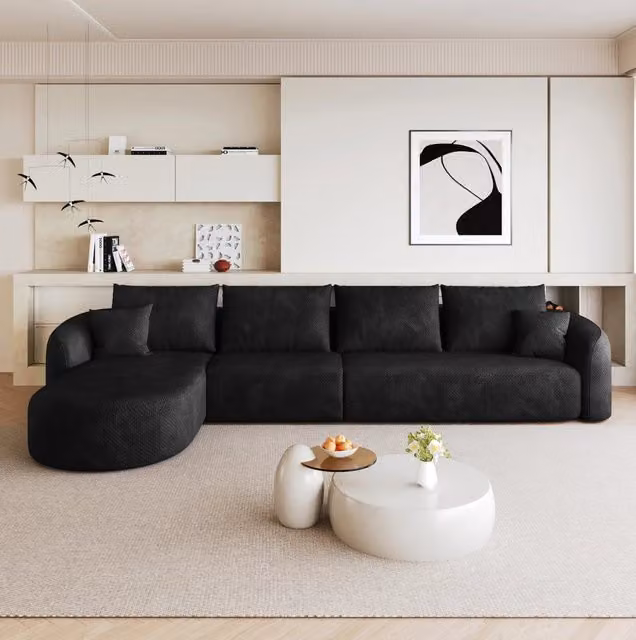 Divano angolare modulare 336×168×85 cm in tessuto nero; senza montaggio