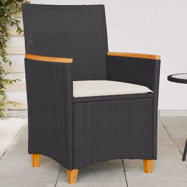 Set di 2 sedie da giardino vidaXL in polyrattan e legno di acacia con cuscini neri e bianchi e braccioli – 1