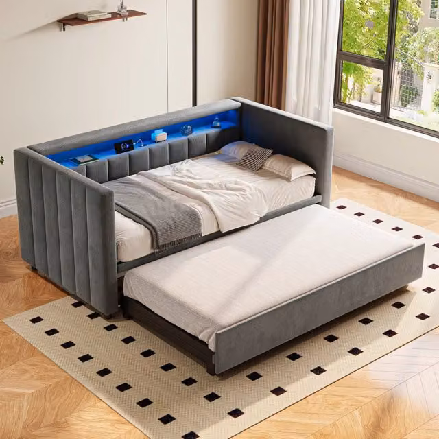 Letto a scomparsa moderno in velluto grigio con luce LED sottostante, porta USB e vano contenitore, L/P: 90 x 190 cm