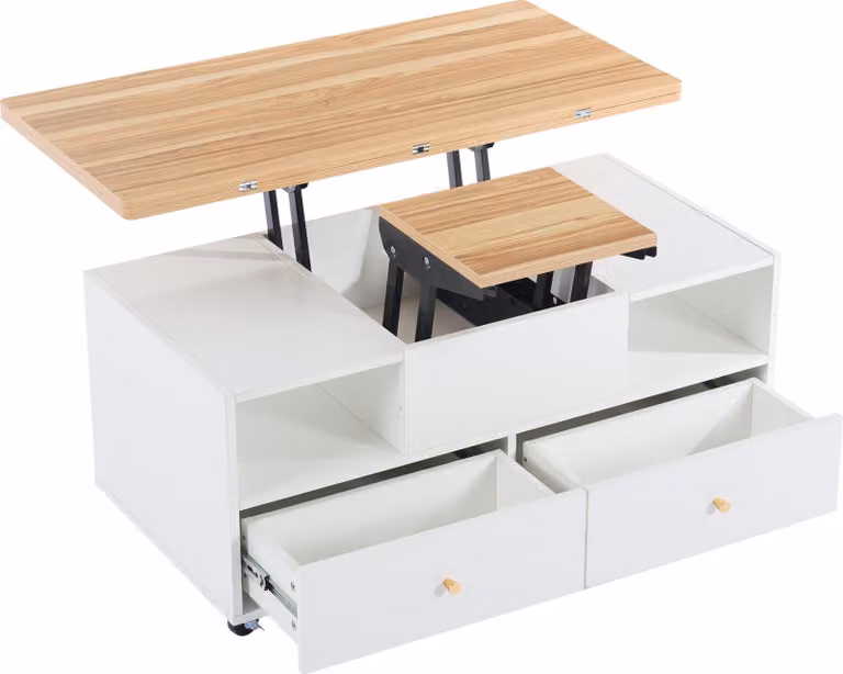 Tavolino regolabile in altezza con funzione ribaltabile e 4 cassetti, un piano ribaltabile idraulico grande e uno piccolo, tavolino da salotto con rotelle universali, legno naturale, 100 cm, 50 cm, 47,5 cm, MDF