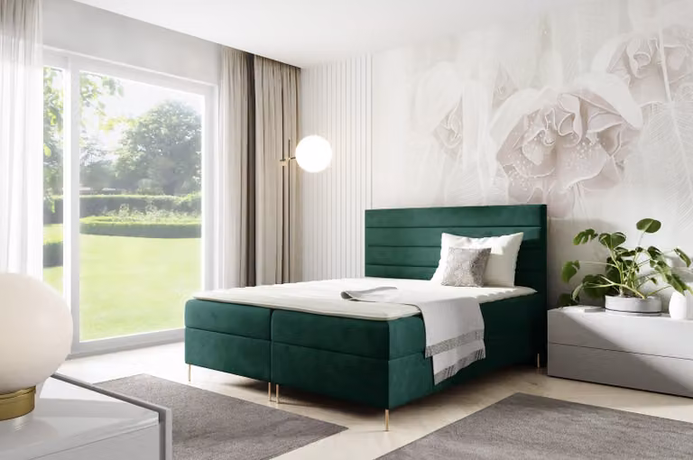 Letto imbottito GUTTO modello VICKY, dimensioni 180 x 200 cm, con 2 contenitori portaoggetti, topper da 5 cm incluso, rivestito in velluto verde, con gambe dorate