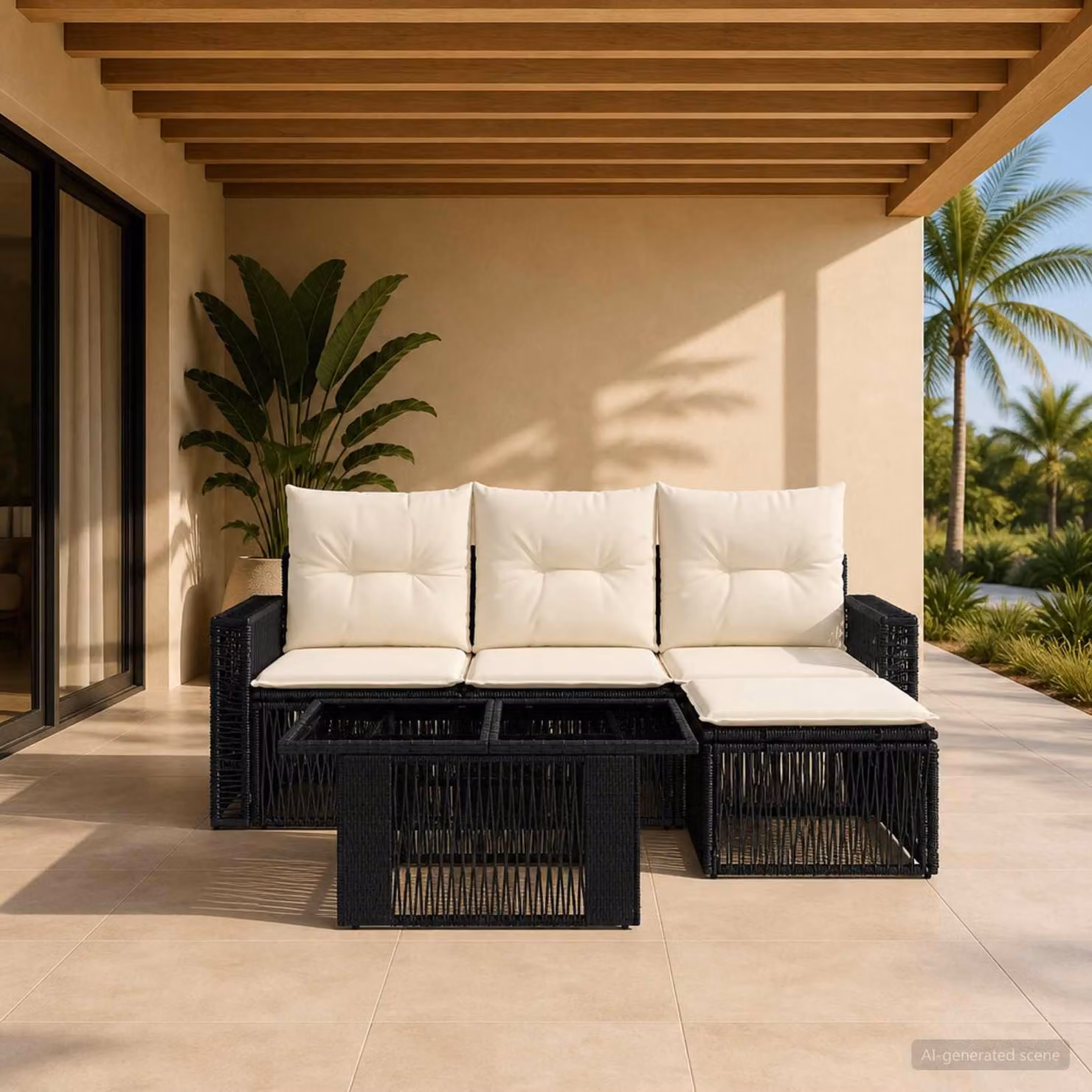 Set Divano da Giardino vidaXL 5 Pezzi in Polyrattan Nero e Bianco Crema con Cuscini e Tavolino