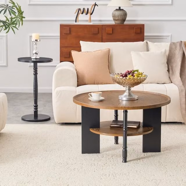 Set 2 tavolini rotondi: tavolo da caffè 80 cm con vano portaoggetti e tavolino 38 cm. Pannello in fibra di legno con rivestimento PVC. Confezione singola, ideale per soggiorno e camera