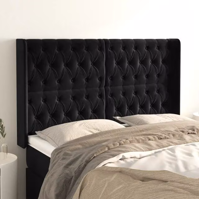 Testiera ad orecchio vidaXL in velluto nero con struttura in legno L: 163 cm, P: 16 cm, H: 118/128 cm