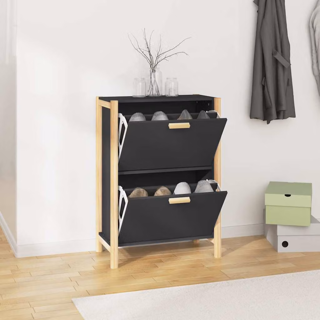 Scarpiera nera vidaXL in legno di pino con scomparti basculanti da appendere al muro L: 57,5 cm, P: 33 cm, H: 80 cm