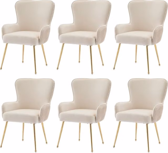 Set di 6 sedie da pranzo in velluto beige con struttura metallica dorata, braccioli e piedi regolabili