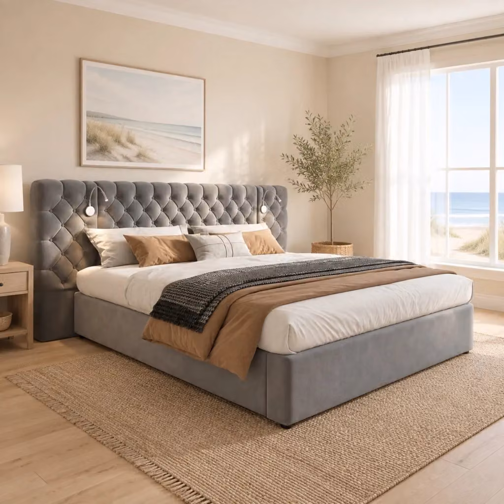 Letto matrimoniale Mivray con contenitore e luce da lettura integrata, testiera imbottita in velluto grigio, L/P: 180 x 200 cm – 2
