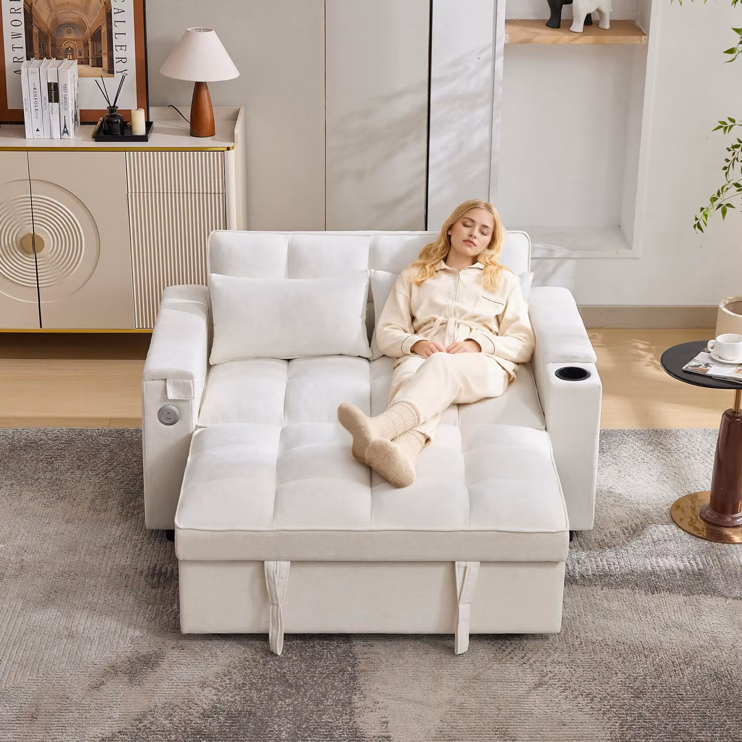 MODFU Divano letto a 2 posti Divano relax con schienale regolabile e connessione USB, regolazione angolare del divano pieghevole con tavolino nascosto e portabicchieri, beige