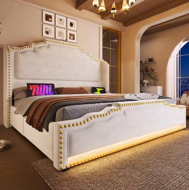 Letto 140x200 cm con 4 cassetti; LED e porte USB Type-C in velluto beige