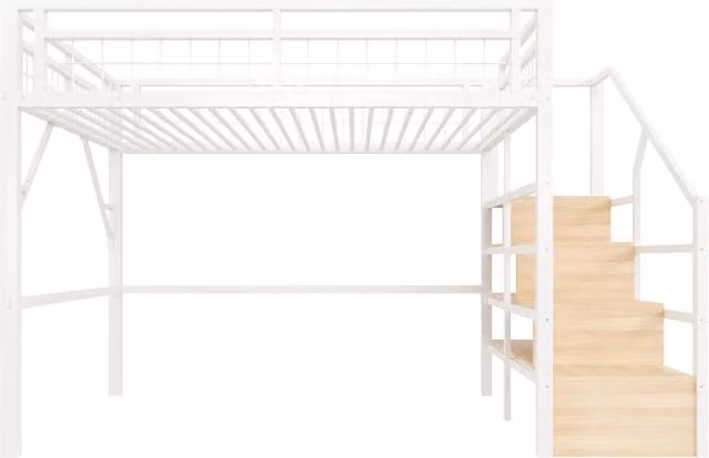 Letto a castello REDOM per bambini in metallo e MDF bianco con scale contenitore, illuminazione LED sottostante e scomparti laterali, L/P: 140 x 200 cm – 1