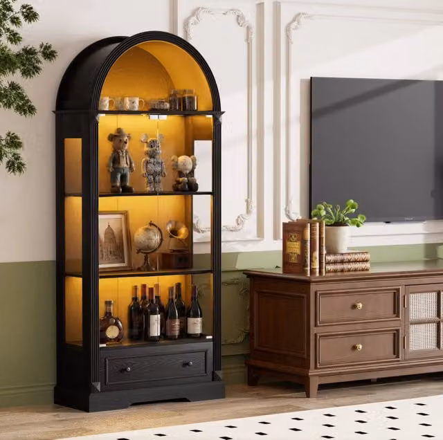 Vetrina ad arco 80x35x180 cm in MDF e vetro temprato con LED a sensore; nera