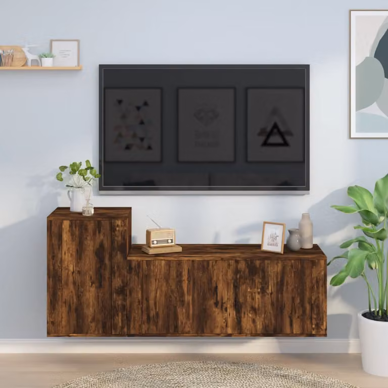 Set di 2 mobili porta TV vidaXL in legno multistrato color rovere fumo per soggiorno, modello a parete