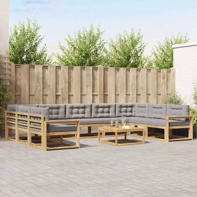 Set di divani da esterno vidaXL a forma di U in legno di acacia con cuscini, Bianco e Grigio