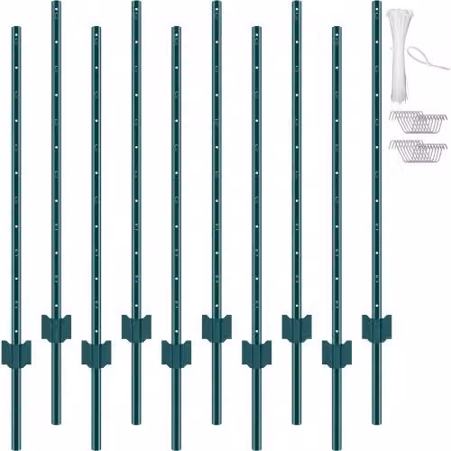 Set di 10 pali per recinzione Vevor in acciaio resistente, forma tonda, colore verde, Altezza: 121,92 cm