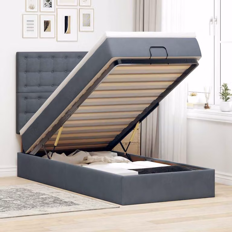 vidaXL Struttura Letto con Materasso in Velluto con Contenitore a Sollevamento, Colore Grigio e Bianco, L/P/H: 190 x 90 x 128 cm