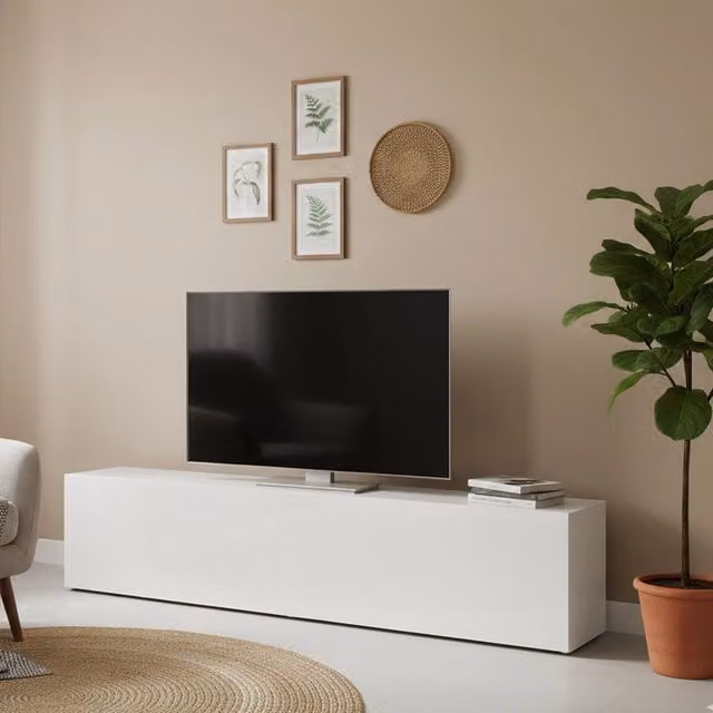 Credenza da soggiorno Porta Alakazam DMORA, mobile moderno in legno bianco lucido, L: 180 cm, P: 40 cm, H: 30 cm