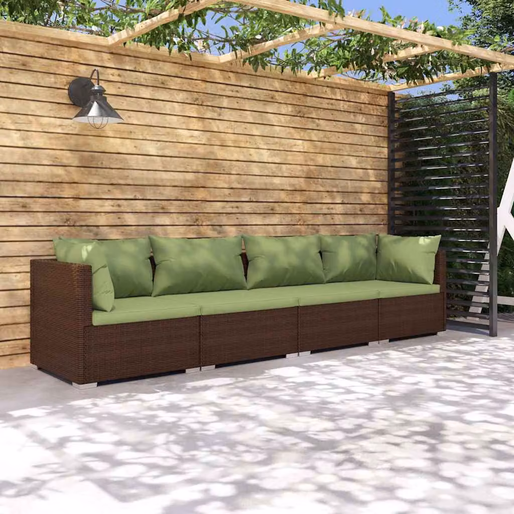 Set di divani da giardino vidaXL 4 pezzi in rattan marrone e verde con cuscini imbottiti e coperture rimovibili
