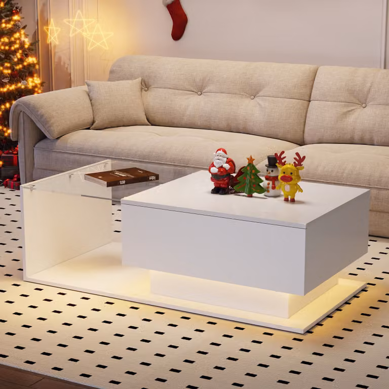 Tavolino Merax con piano in vetro e cassetto, tavolino lucido con LED incl. APP, tavolino da salotto 100x50x32cm, bianco