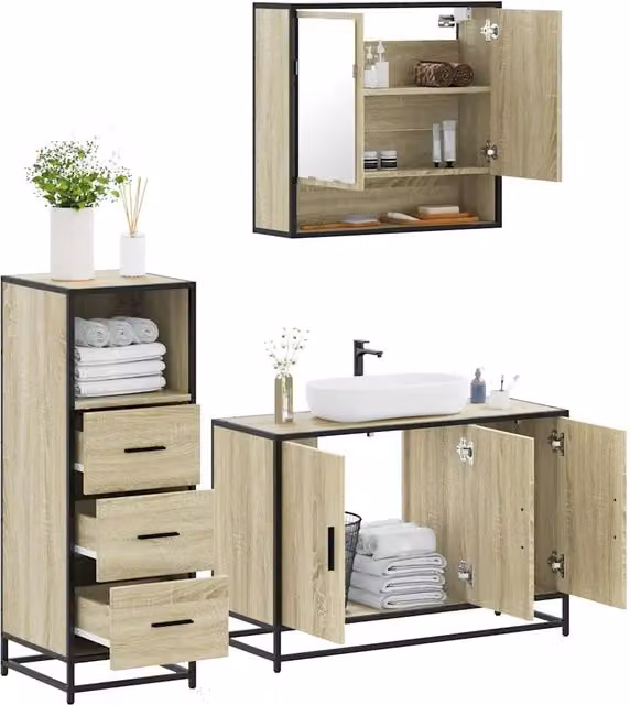 Set Mobili da Bagno 3 pz Rovere Sonoma in Legno Multistrato 3301041