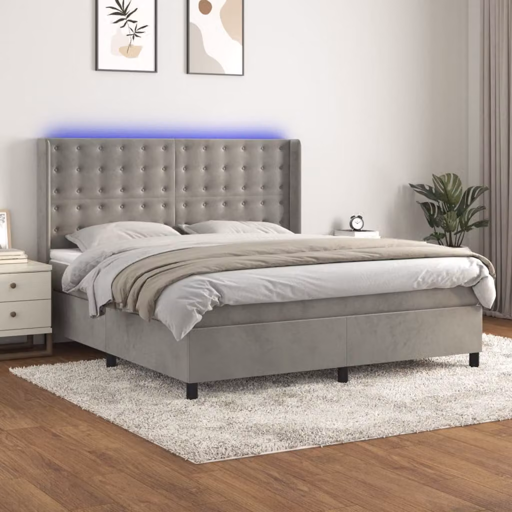 Letto Ibrido con Materasso e LED vidaXL in Velluto Grigio Chiaro, L/P/H: 180 x 200 x 128 cm – 1