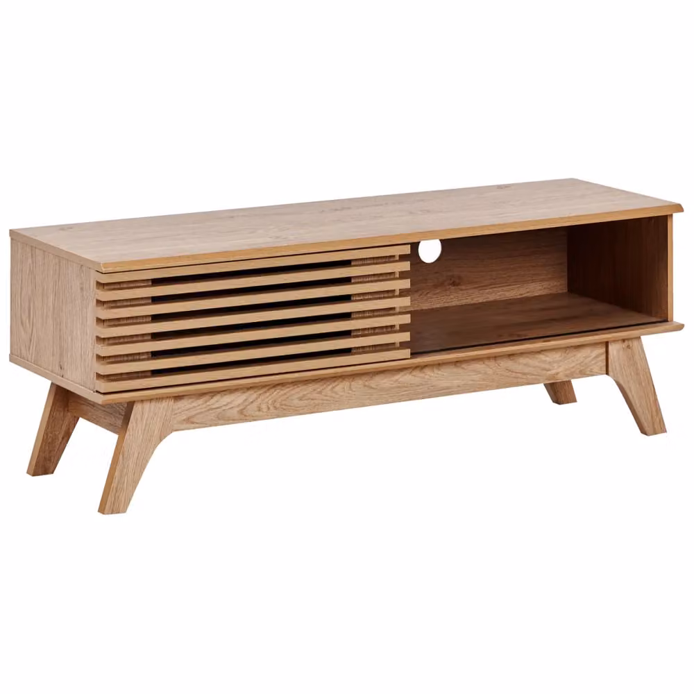 Mobile TV Beliani in legno beige e marrone con passacavi, madia moderna per soggiorno L: 120 cm, P: 40 cm, H: 44 cm – 2