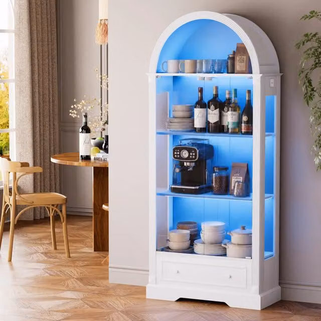 Vetrina ad arco con ante in vetro temperato; LED con sensore e cassetti; bianca