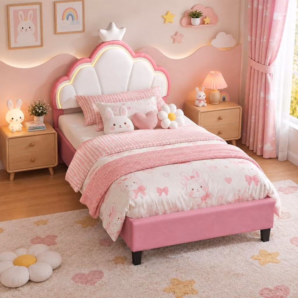Letto per bambini INONEFT, 90 x 190 cm, con struttura imbottita, luci LED e testiera a forma di , letto singolo con rete a doghe, letto per adolescenti, in velluto, rosa e bianco