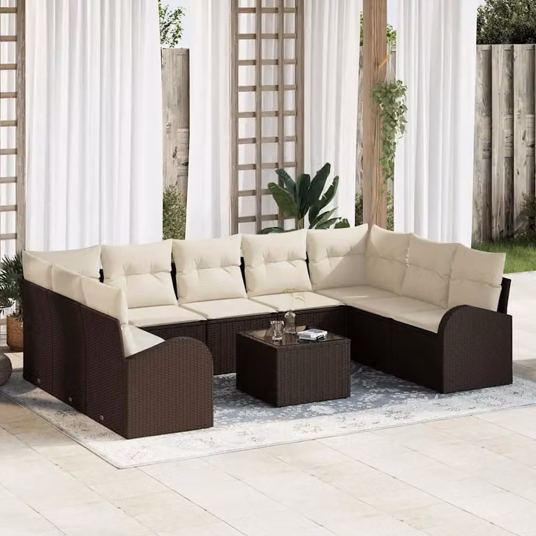 Set Divano da Giardino vidaXL 10 Pezzi in Polyrattan Marrone e Bianco con Cuscini e Tavolino