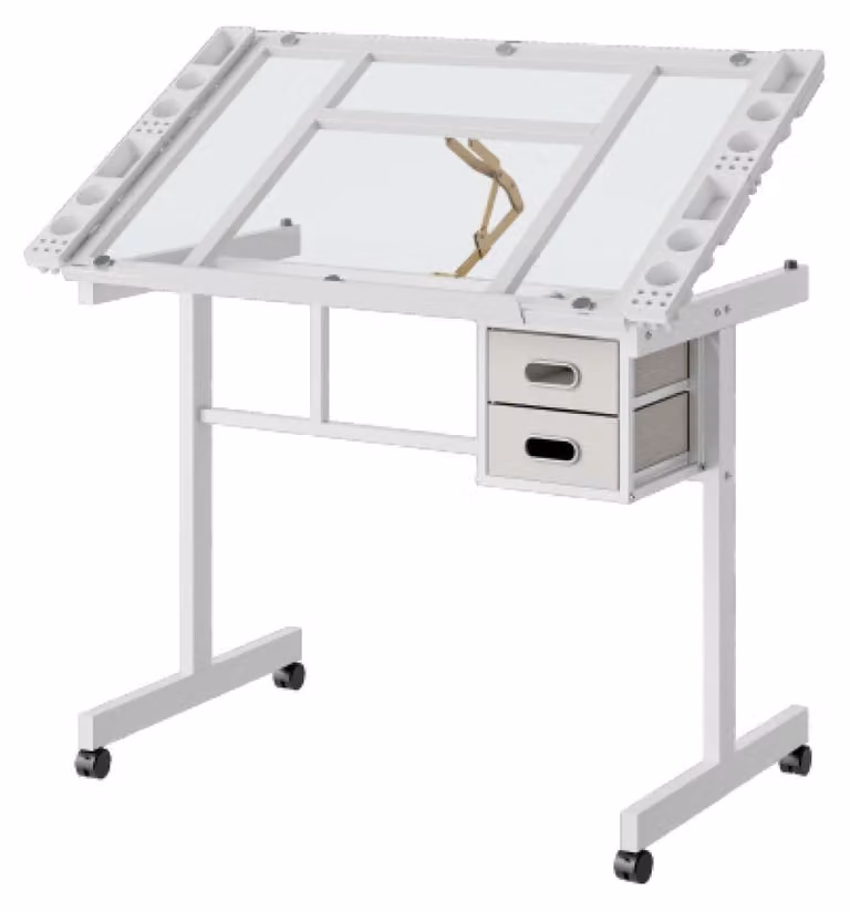 Tavolo da disegno con 2 cassetti e 4 ruote, tavolo da disegno regolabile, piano del tavolo da disegno bianco