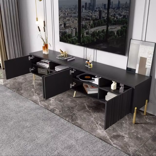 Mobile TV con 4 ante e 8 ripiani, cerniere ammortizzate, piedini dorati per soggiorno, in MDF nero, 190 × 38 × 48 cm
