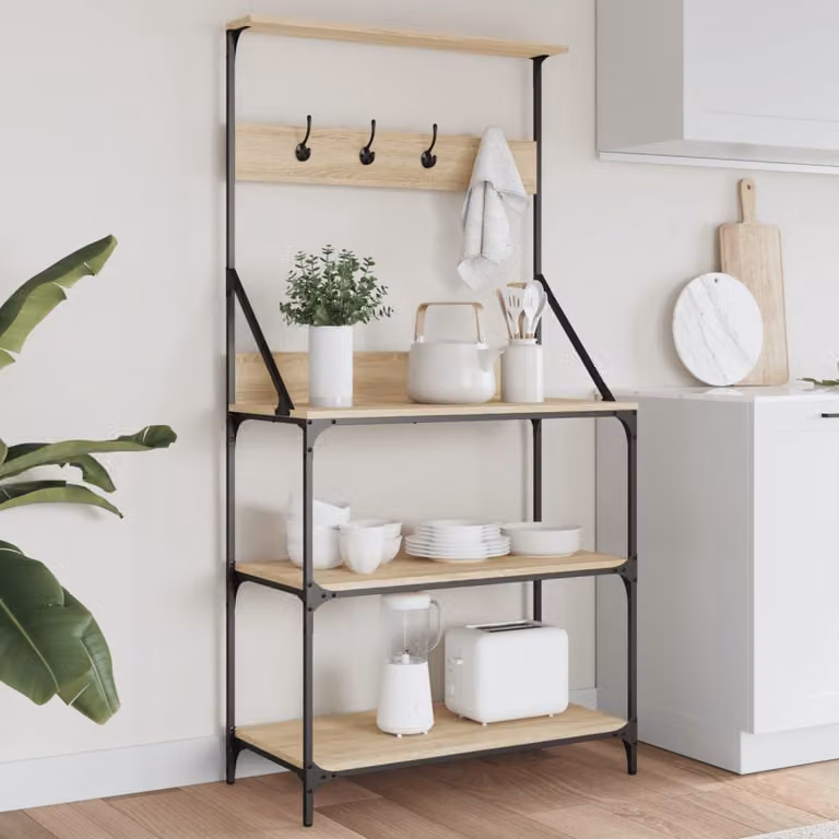 Scaffale da cucina vidaXL con 4 ripiani e ganci, Rovere Sonoma e Metallo, Marrone, H 170,0 cm x L 84,0 cm x P 40,5 cm