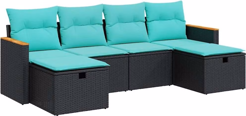 Set Divano da Giardino 6 pz con Cuscini Nero in Polyrattan