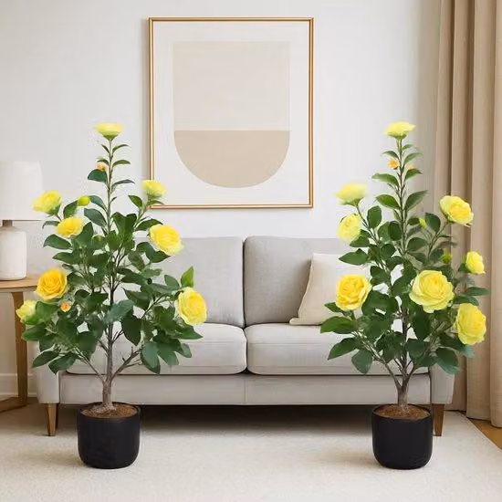 Camelia artificiale in fiore, 90 cm, pianta in vaso, boccioli gialli, pianta ornamentale, per il soggiorno e lo studio