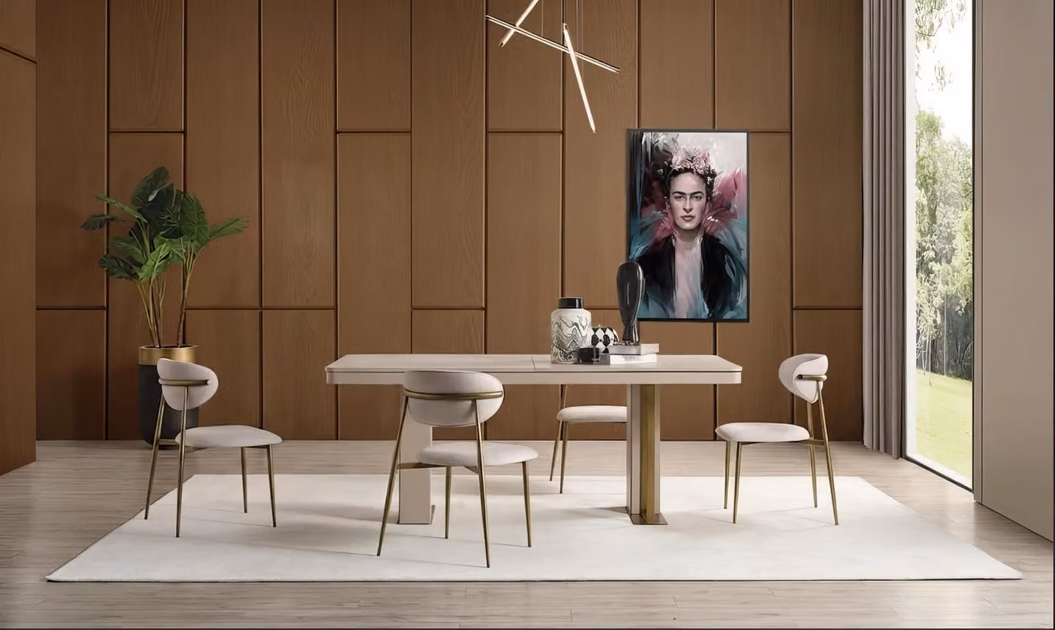 Set per sala da pranzo: tavolo, sedie, consolle, specchio. Stile moderno, colori beige e oro, elegante