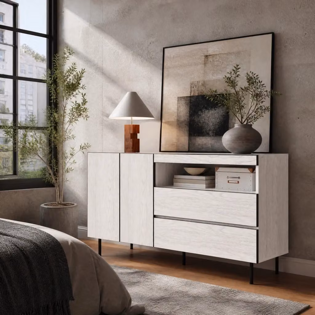 Credenza moderna minimalista in MDF bianco opaco con cassetti soft close L: 140 cm, P: 42 cm, H: 77 cm – 2