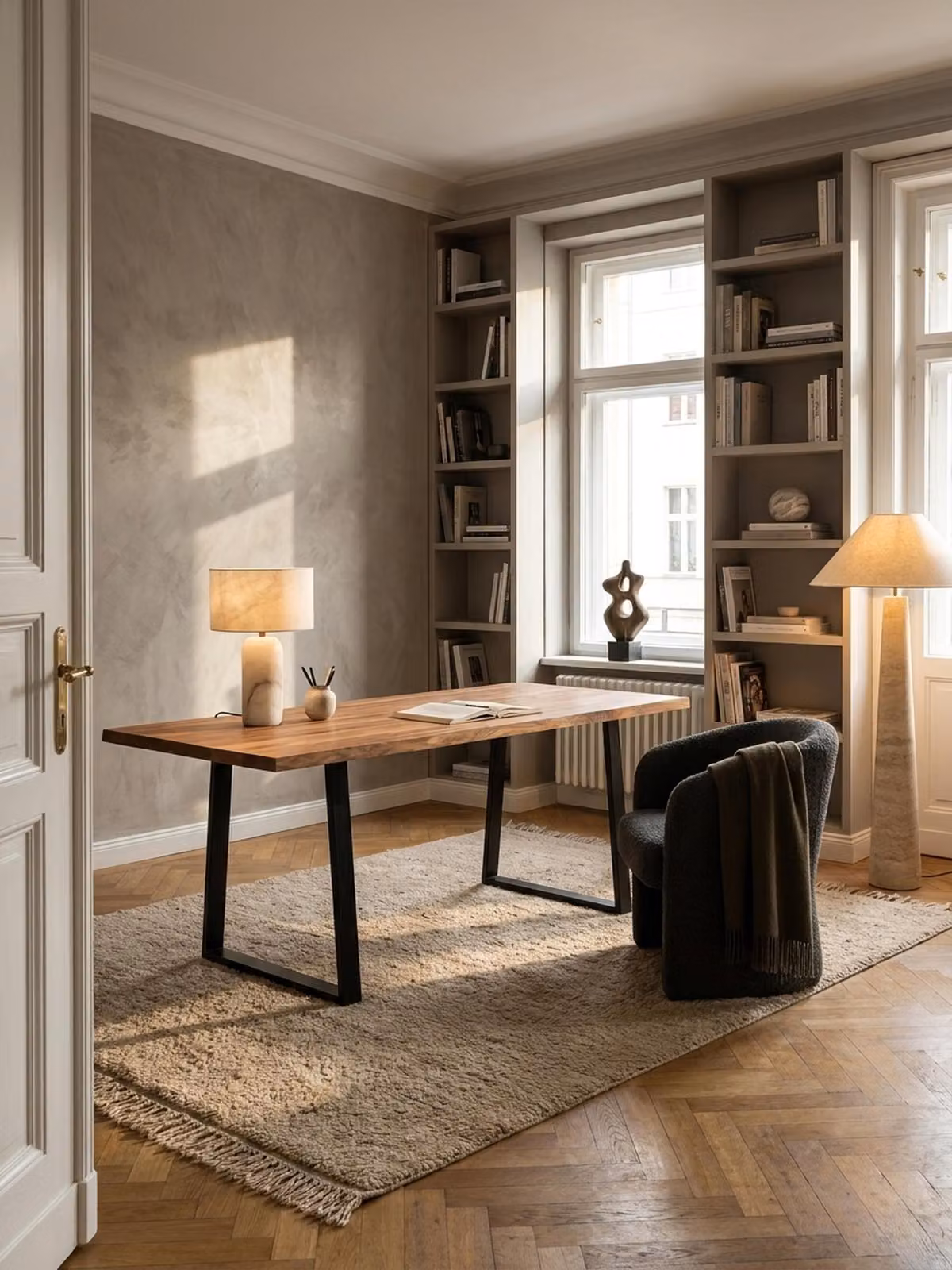 Scrivania 140x80x76 cm Legno massello di acacia / metallo Scrivania per computer con bordo naturale, scrivania da ufficio per home office Massiccia con gambe trapezoidali in nero, tavolo in legno Tavolo per laptop Studio