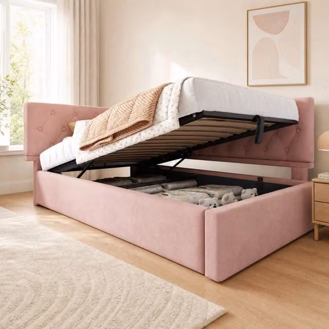 Letto daybed in velluto rosa 90x200 cm con contenitore idraulico e rete a doghe