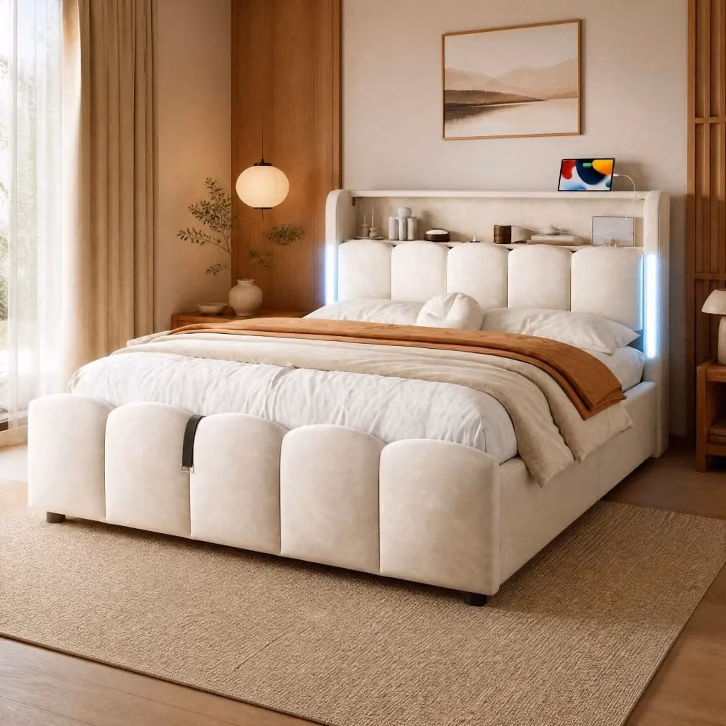 Letto matrimoniale MODFU imbottito in velluto beige con contenitore, illuminazione LED e porte USB Type-C, L/P: 140 x 200 cm – 2