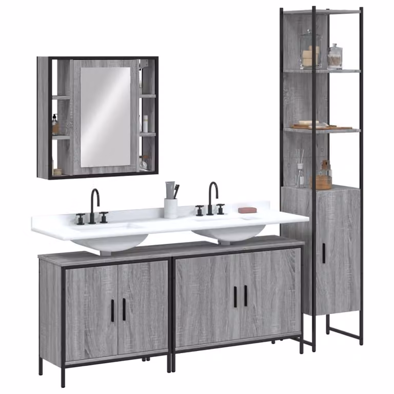 Set Mobili da Bagno Moderno vidaXL Grigio con Armadietto Specchio e Mobile Lavabo in Legno e Metallo