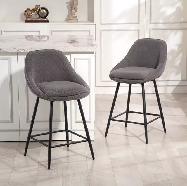 Set di 2 sgabelli da bar con rivestimento in velluto a coste grigio e gambe in acciaio, girevoli, altezza 65 cm