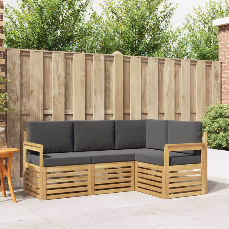Set di divani da esterno vidaXL a forma di L composto da 4 pezzi in legno di acacia con cuscini bianchi e antracite