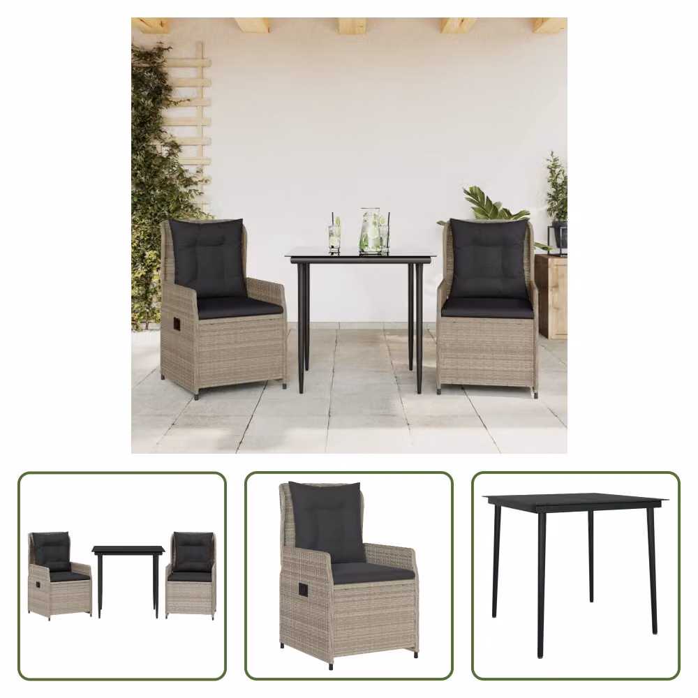 The Living Store Set da pranzo da giardino 3 pezzi con cuscini in rattan grigio chiaro