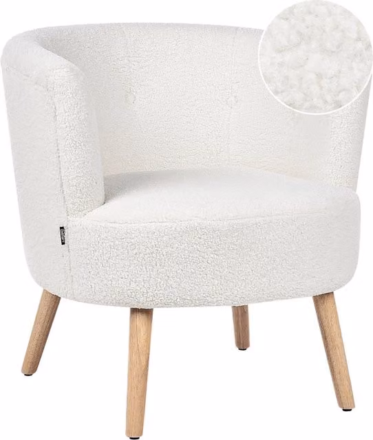 Poltrona Beliani in tessuto bouclé bianco con design a vasca e struttura in legno, stile moderno e retrò
