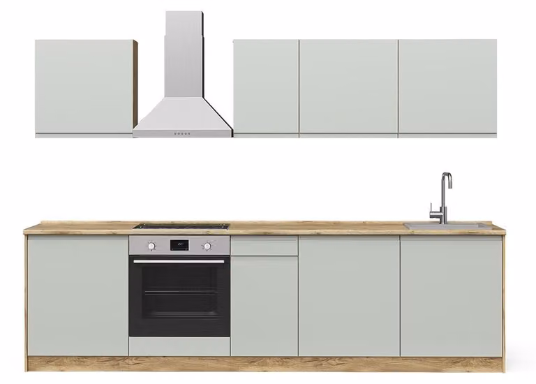 Cucina componibile Vicco R-Line Verde pastello/Rovere dorato 280 cm piano di lavoro Bianco, Model 70585